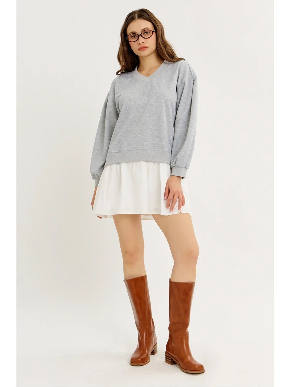 (714) Mixed Fabric Preppy Mini Dress with Pleated Skirt - S - NWT
